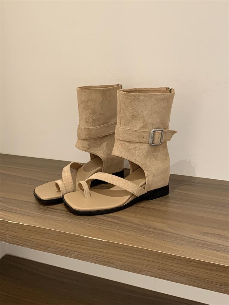 Summer heightening boots women's thin wedge heel short boots 2025 new toe cover toe Roman hollow pile cool boots