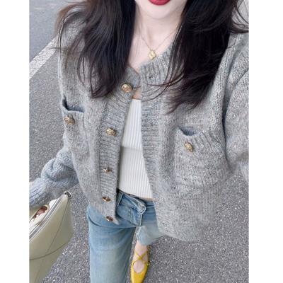 Fashion Loose Cardigan Women Sweater Casual Elegant Coats Autumn and Winter Crew Neck Knitted Gray Sweaters Pockets Long Sleeve Short Jackets Clothing