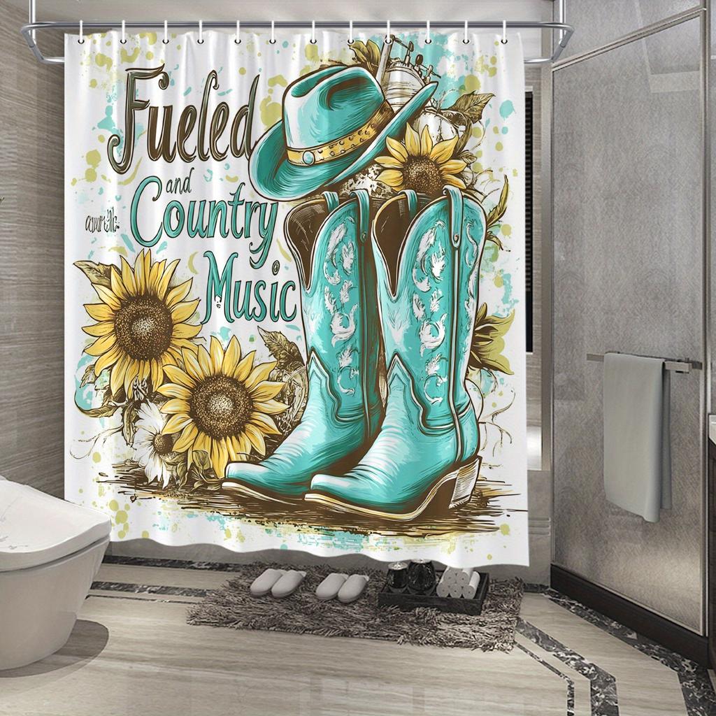 Vintage Americana Cowboy Shower Curtain - Turquoise Boots & Hat, Floral Embroidery, Sunflowers, Country Music Text, Polyester