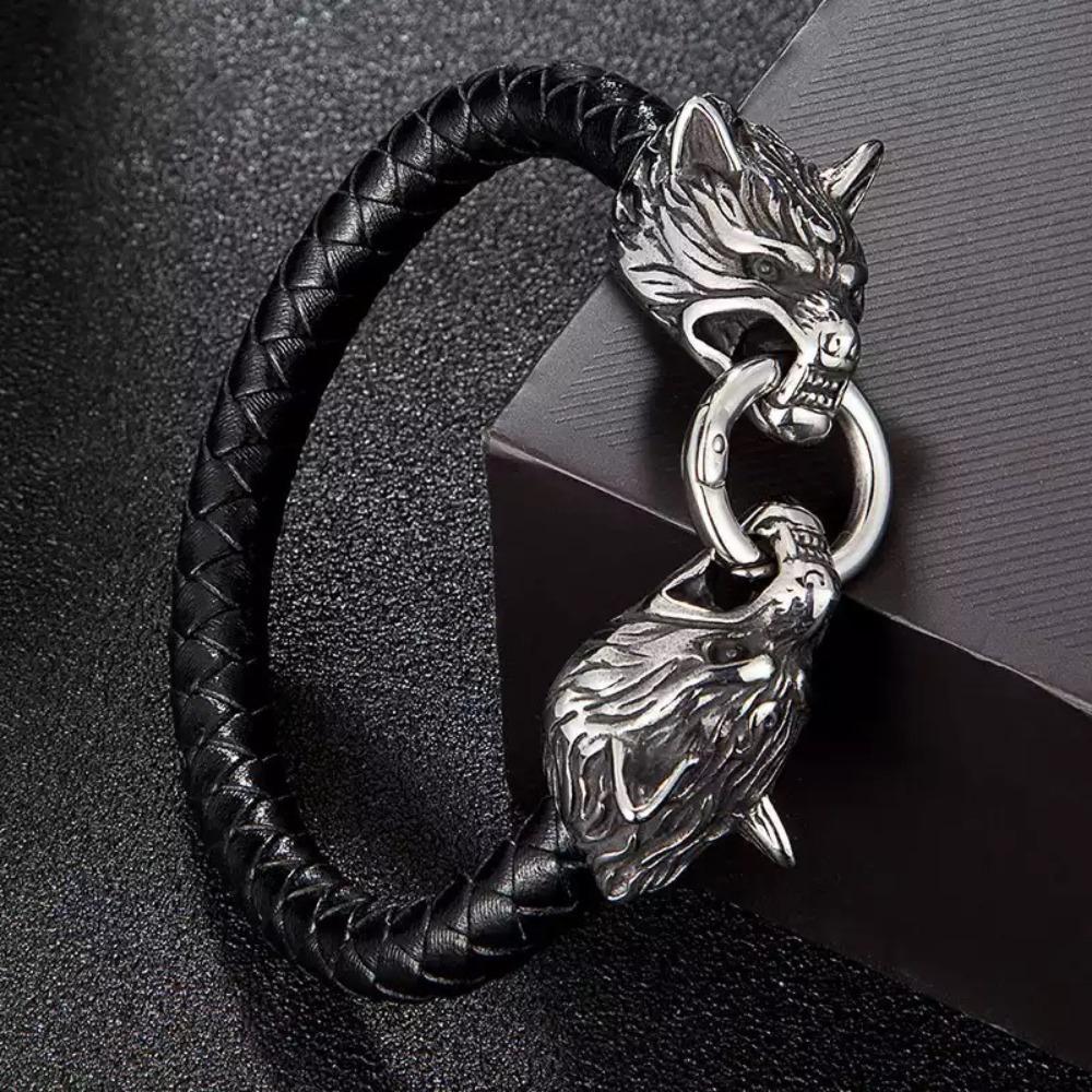 Unique Viking Wolf Leather Bracelet Handmade Mens Rope Wristband Fashion Jewelry