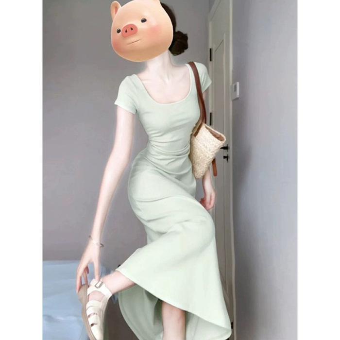 Casual Simple Style Solid Color U-neck Dress Women's Slightly Fat Long Dress Little Mother Waist Hip Skirt Summer Wholesale