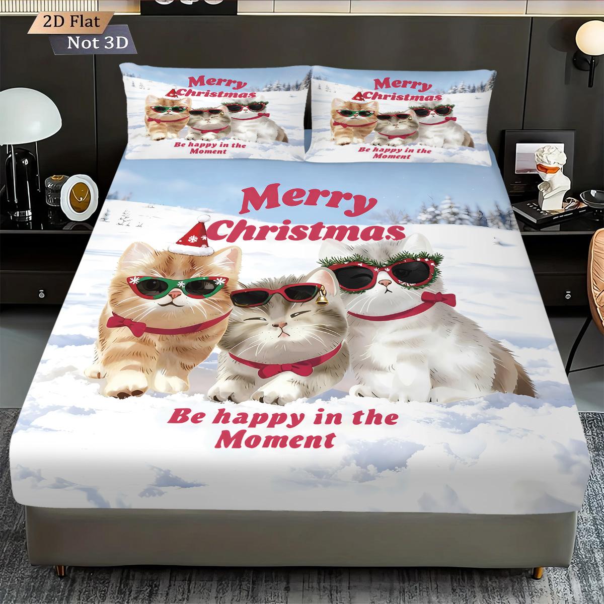 

3pcs Cute Bizarre Christmas Cat Print Chipless Bed Sheet Set with Multiple Sizes Bed Cover Bedding Decoration Machine Washable 90x191cm