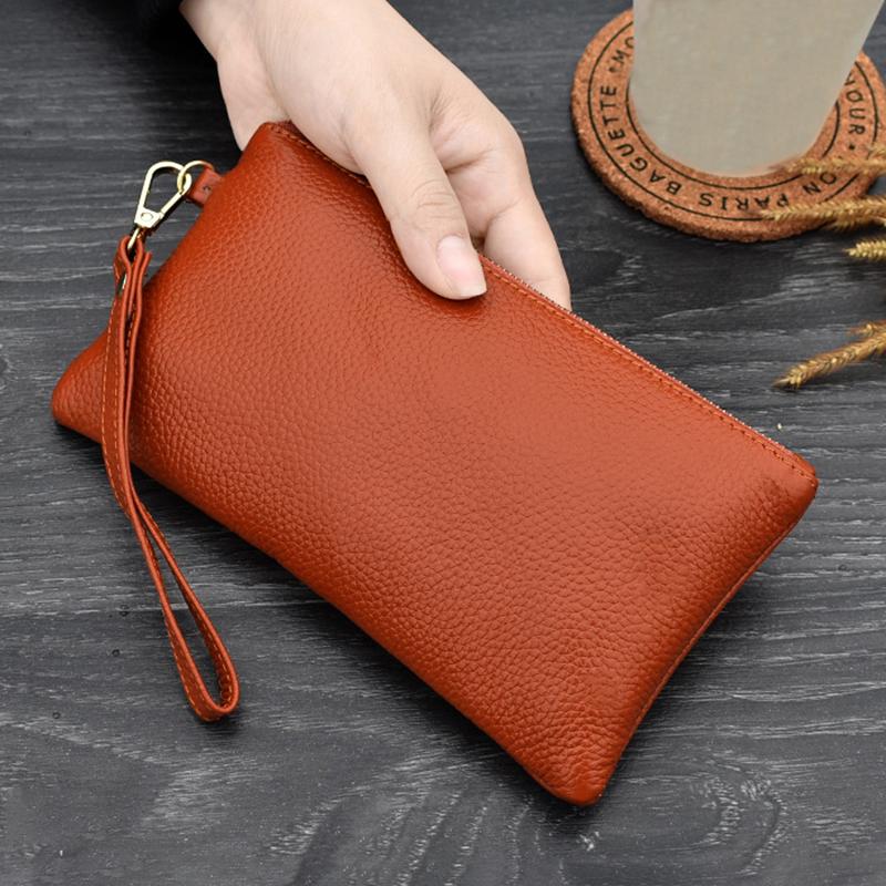 Simple Style High Capacity Womens Genuine Leather Phone Holder Long Purse Zipper Clutches HandBag with Wrist Strap