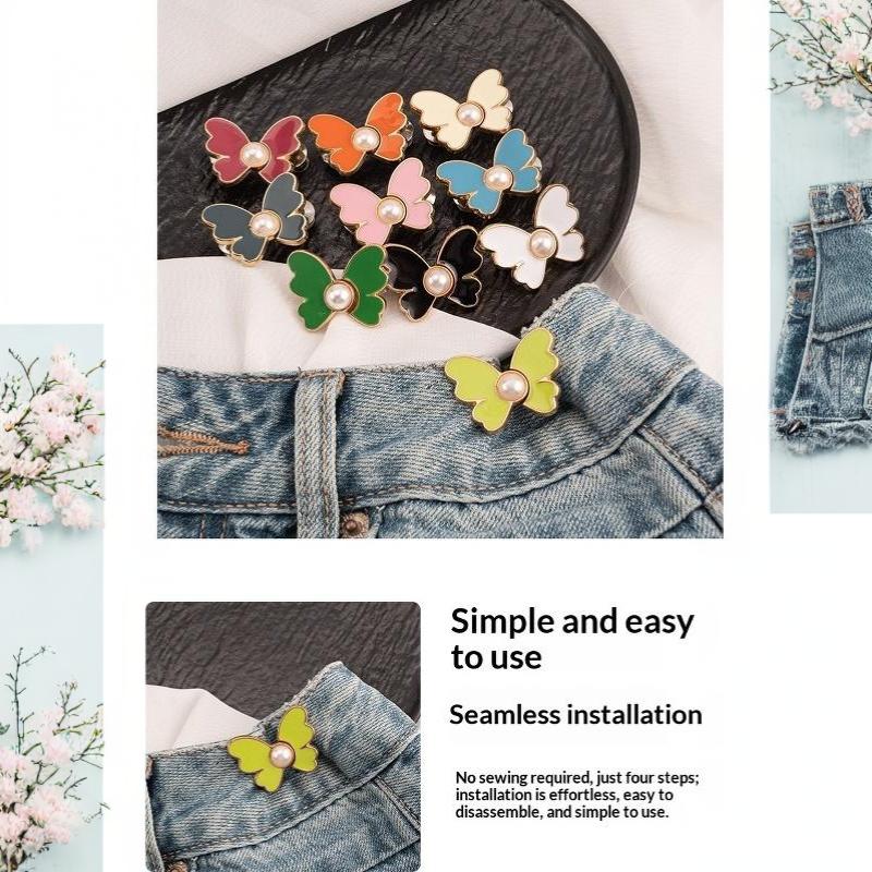Pearl Butterfly Adjustable Pant Waist Tightener Jeans Alloy Button No Sewing Required Easy To Install Accessory Pins Buttons