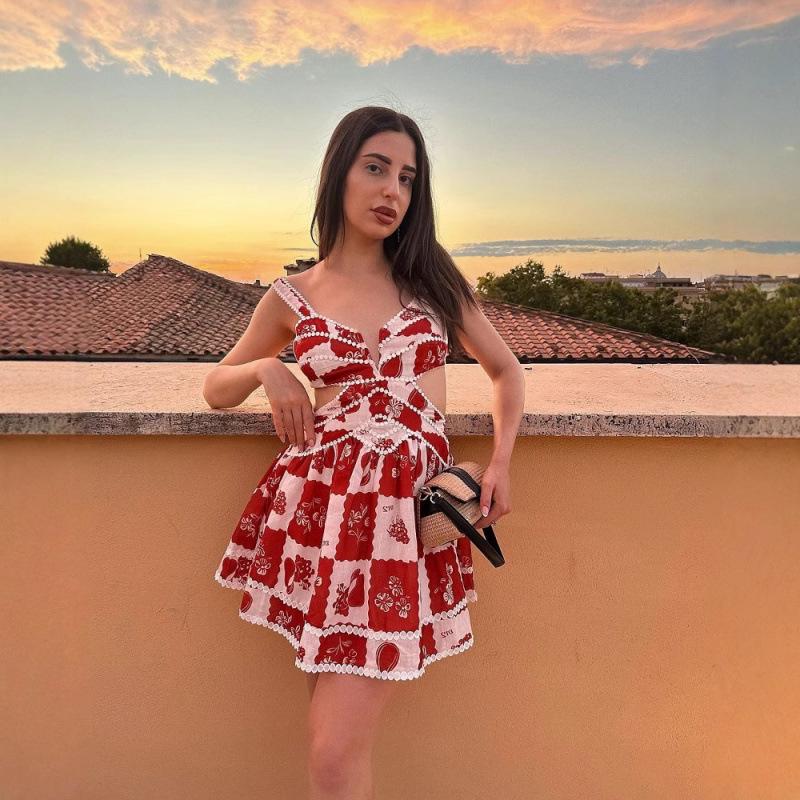 Robe à bretelles fines imprimée pour femme - Mode Vacances Début de Printemps, Détail en Dentelle