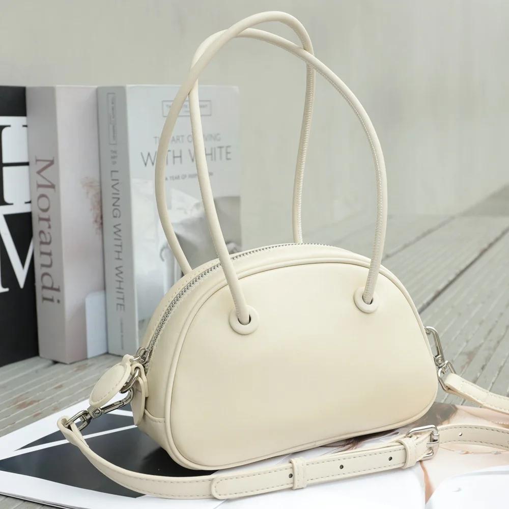 Luxury Women's Small Shoulder Bag Genuine Cowhide Leather Handbag  Girl's Popular and Fashionable Underarm Bowling Purse