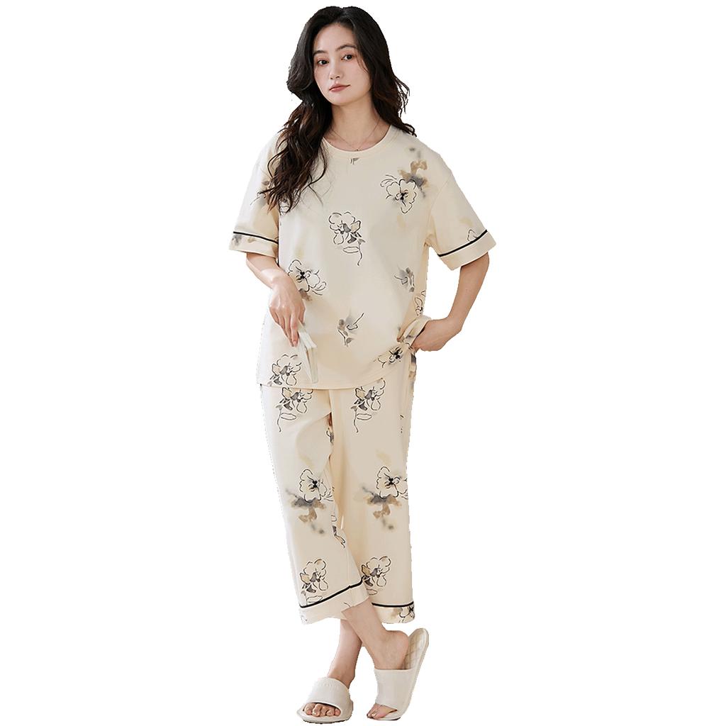 [100% Pure Cotton] Woen' Pajaas, Suer Thin Short-Sleeve Pullover, Loose Casual Loungewear Set for Outdoor Wear And Hoe Use