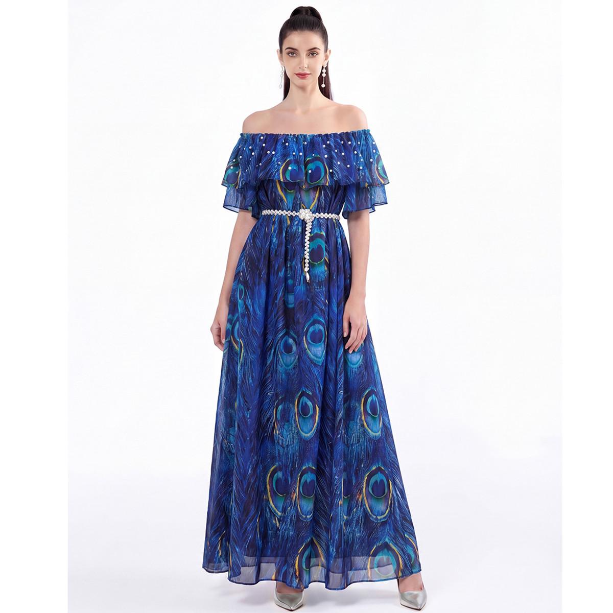 

Summer Bohemain Gorgeous Flower Beach Dress Women s Off Shoulder Beading Ruffles Sleeve Floral Print Holdiay Chiffon Dress M синий