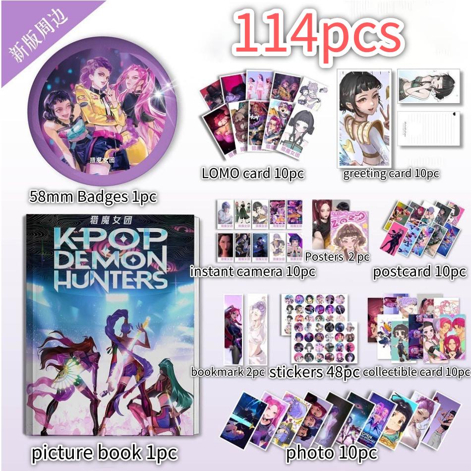 116Pcs Anime Kpop Demon Hunters Peripheral Picture Book Badges Posters Collectible Cards Stickers LOMO Card Giving Gifts To Fans