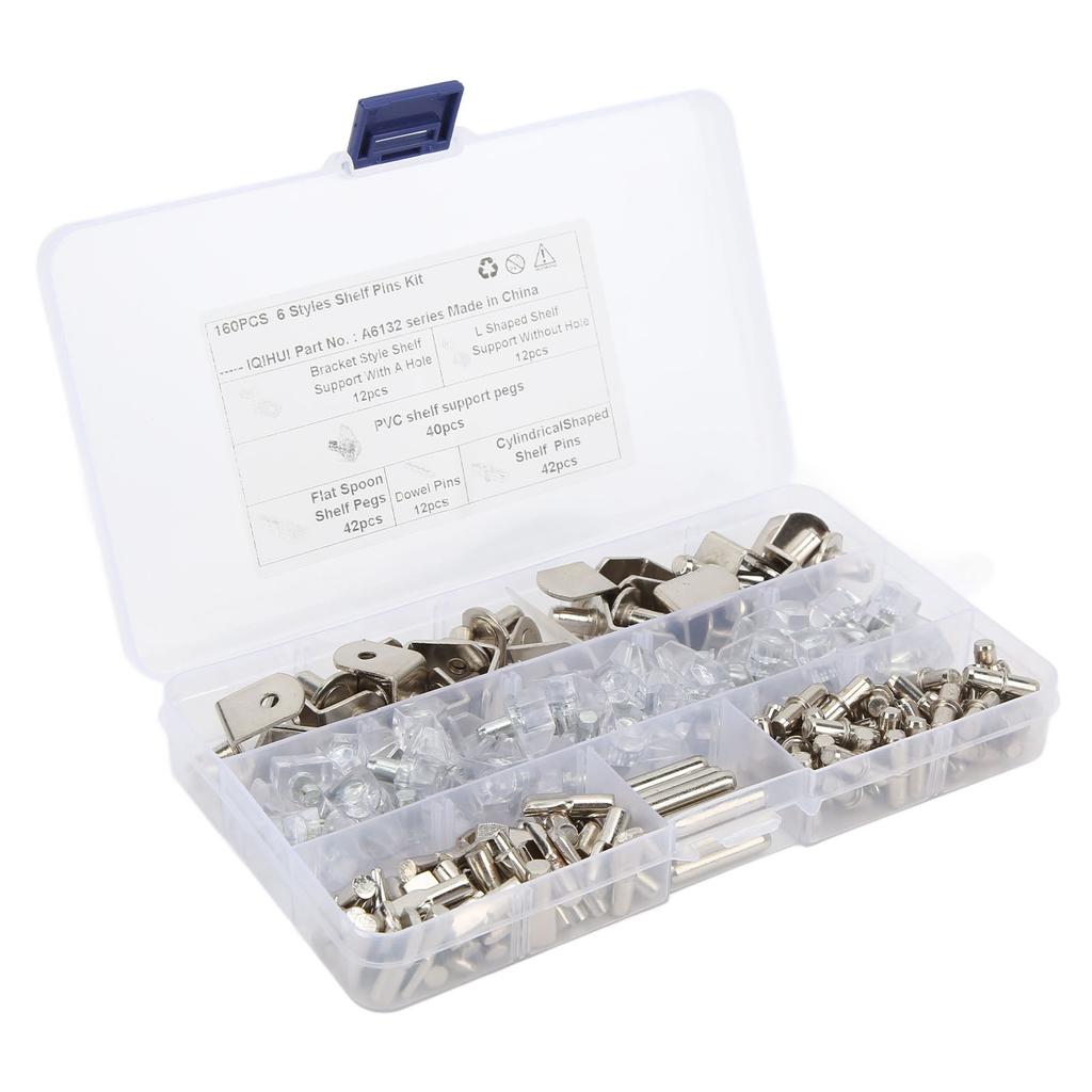 160pcs 6 Styles RV Shelf Pins Kit Nickel Shelf Support Pegs Cylindrical Pins Holder L Shaped Bracket