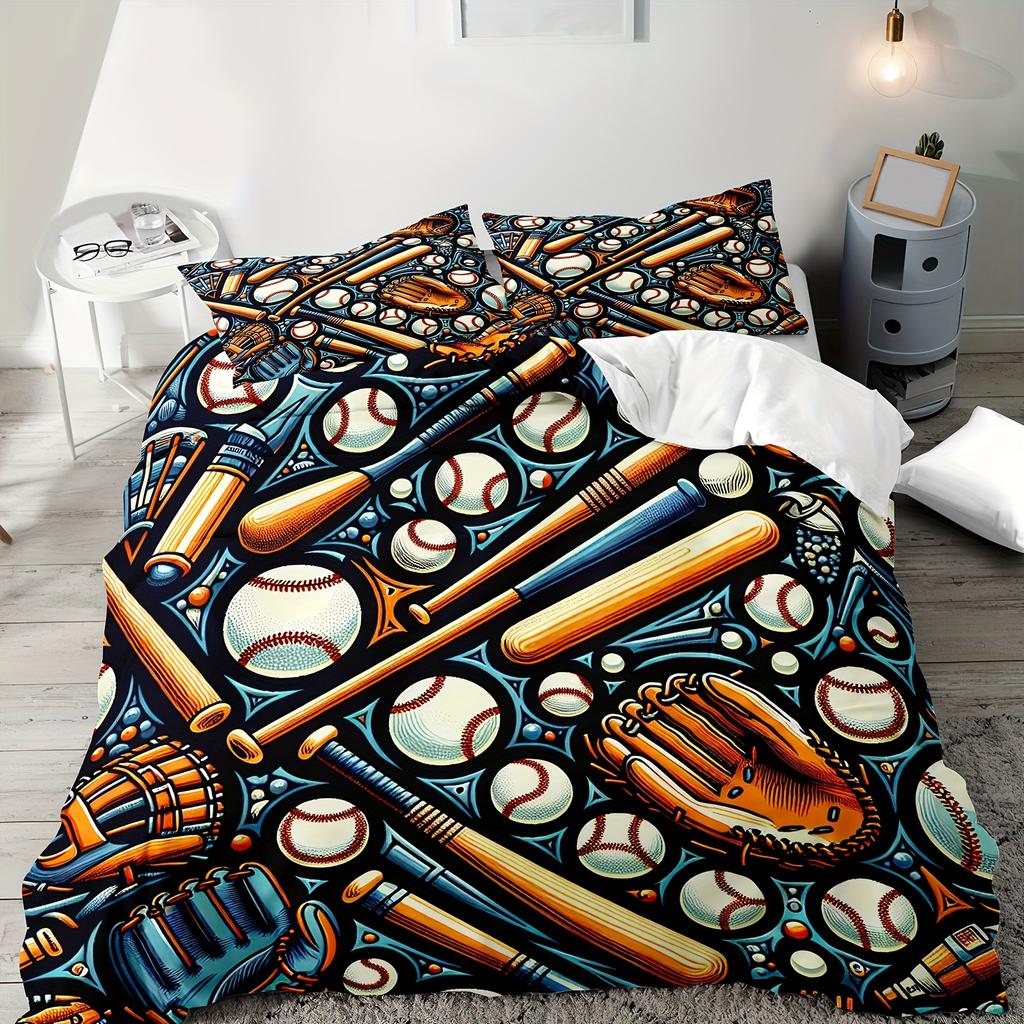 2/3Pcs Baseball Graphic Print Bedding Set Suitable For Boys' And Girls' Bedroom Use Machine Washable. Gifts For Baseball Sporter
