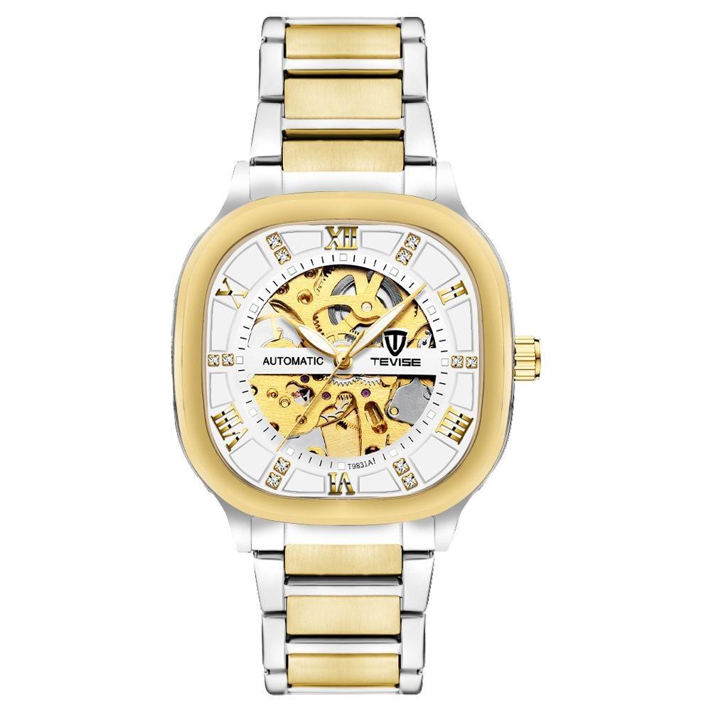 TEVISE Automatic Mechanical Watches for Men Stainless Steel Waterproof Skeleton Watch Square Dial Luminous Fashion Business Wristwatch
