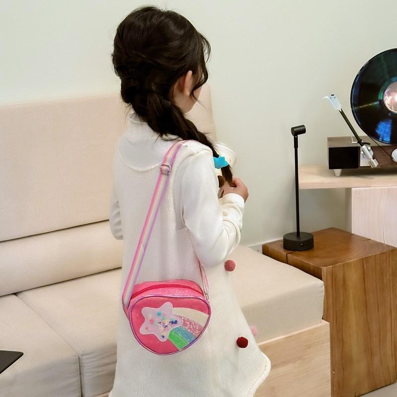 Trendy Shimmering Heart Kids Crossbody Bag In Soft Pink And Rainbow Colors