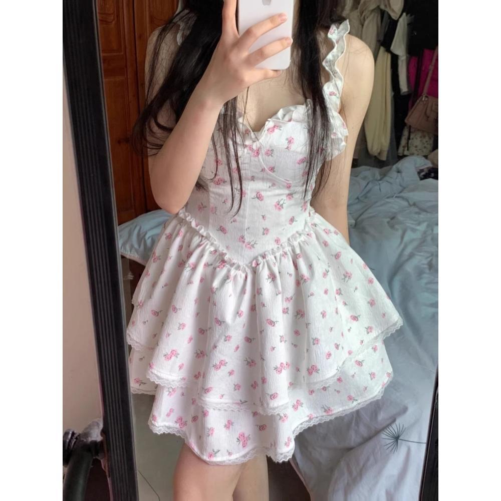 White Floral Suspender Dress Children's Summer New Casual Milk Sweet Waist Princess Tutu Dress