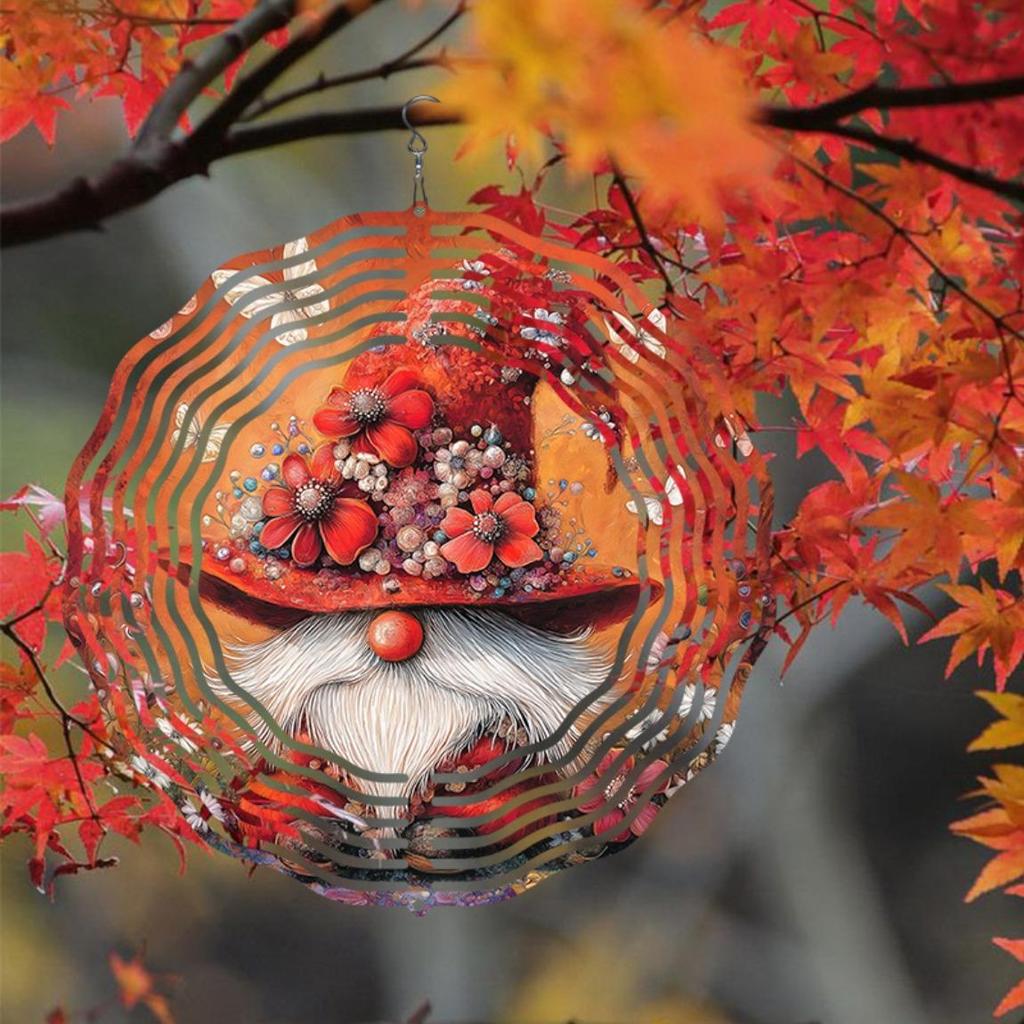 Whimsical Gnome Wind Spinner with Red Hat and Butterfly Flower Cluster Vibrant Metal Garden Decor Dancing Outdoor Hanging Ornament