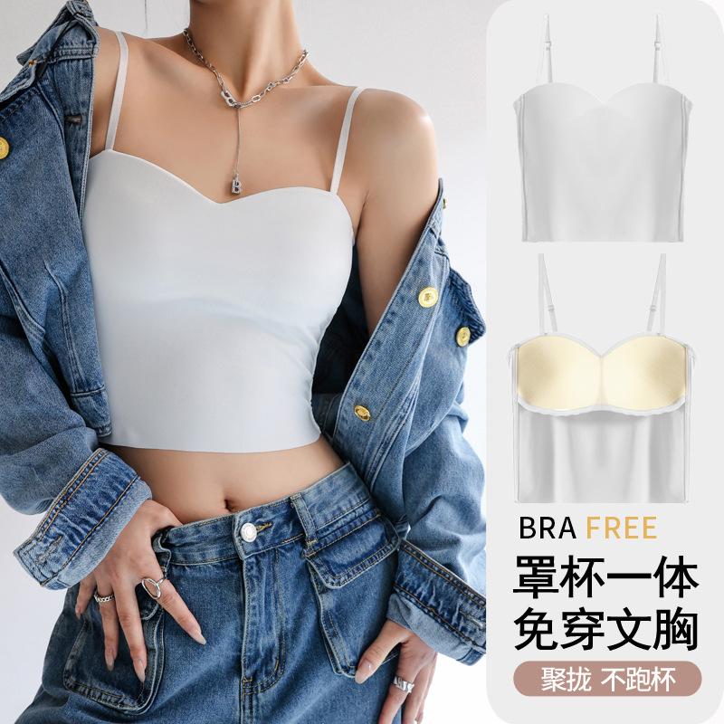 W Summer with Chest Pad Type Suspender Small Vest Women's Inner with Ice Silk Base Cover Breast Beauty Back Bra Integrated Top