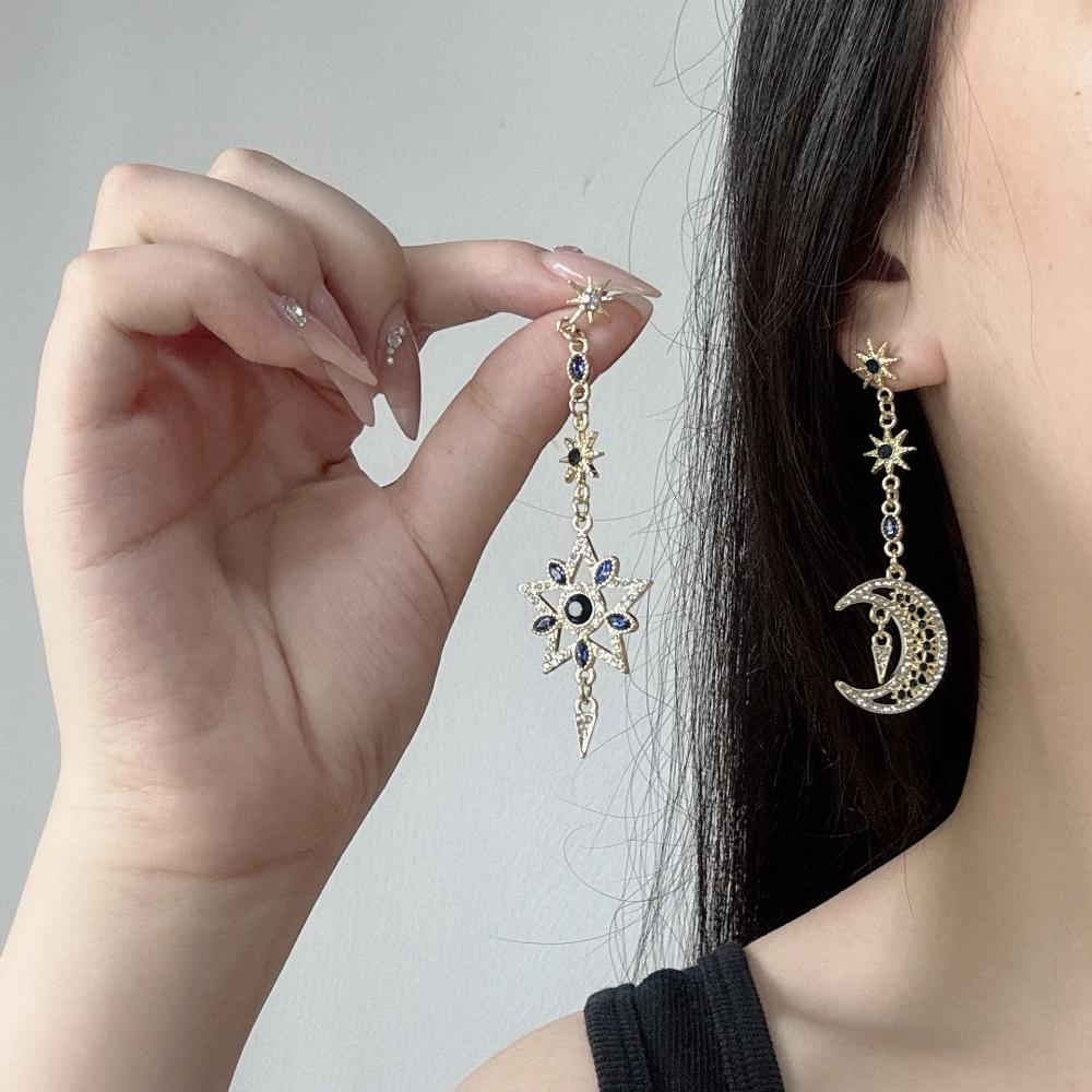 Charm Luxury Geometric Hollowout Blue Crystal Sun Star Moon Long Dangle Earrings for Women Korean Designer Earrings Jewelry Gift