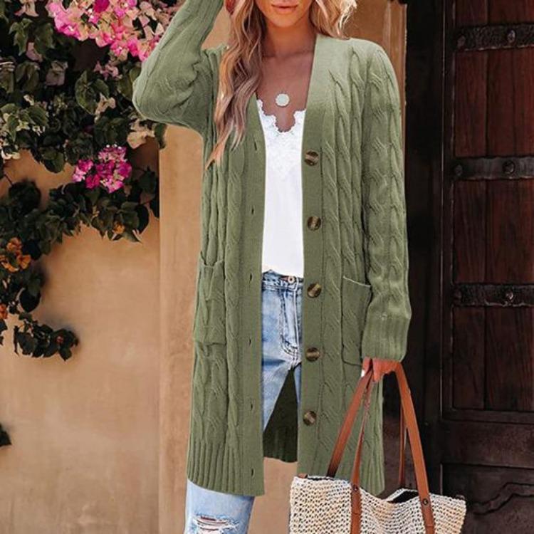 Button Up Knitting Jacket Women Sweater Cardigan Solid Color V Neck Long Sleeve Twist Texture Tops with Pockets