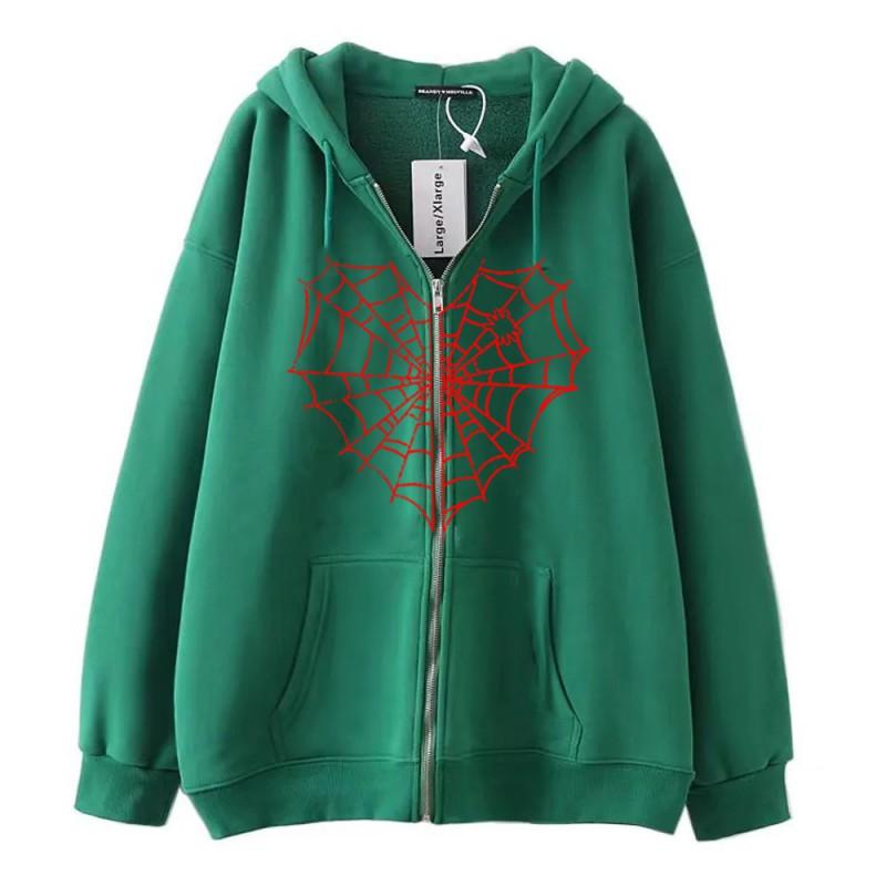Colorful Spider Web Print Zip Up Hoodie Loose Fit Streetwear Y2K Couple Outerwear