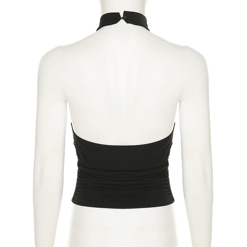 Women's Metal Flower Halter Neck Sexy Halter Top Temperament Low Waist Fold High Split Skirt Two Piece Suit