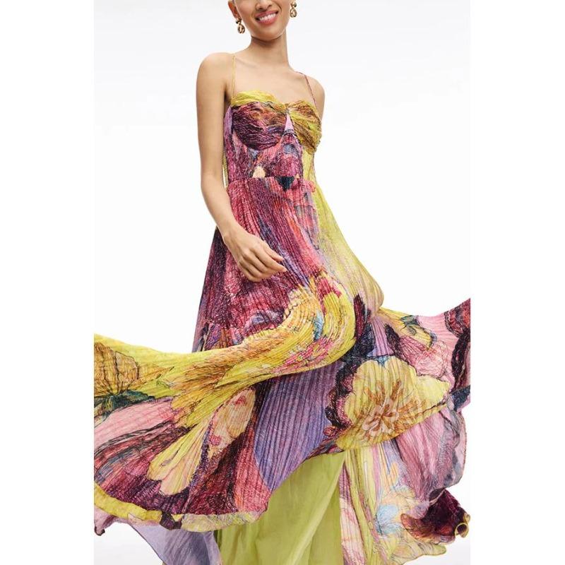 Europäisches und amerikanisches Damen-Spaghettiträgerkleid mit Print, plissiert, ärmellos, schwingend (Plus Size Style 8162)