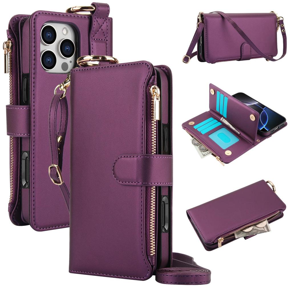 Etui Portfel Skórzany z Miejscami na Karty i Zamkiem Błyskawicznym Etui Klapka na Telefon dla IPhone 17 16 15 14 13 12 11 Pro Max Plus Promax 16e Pierścień Smycz Portmonetka
