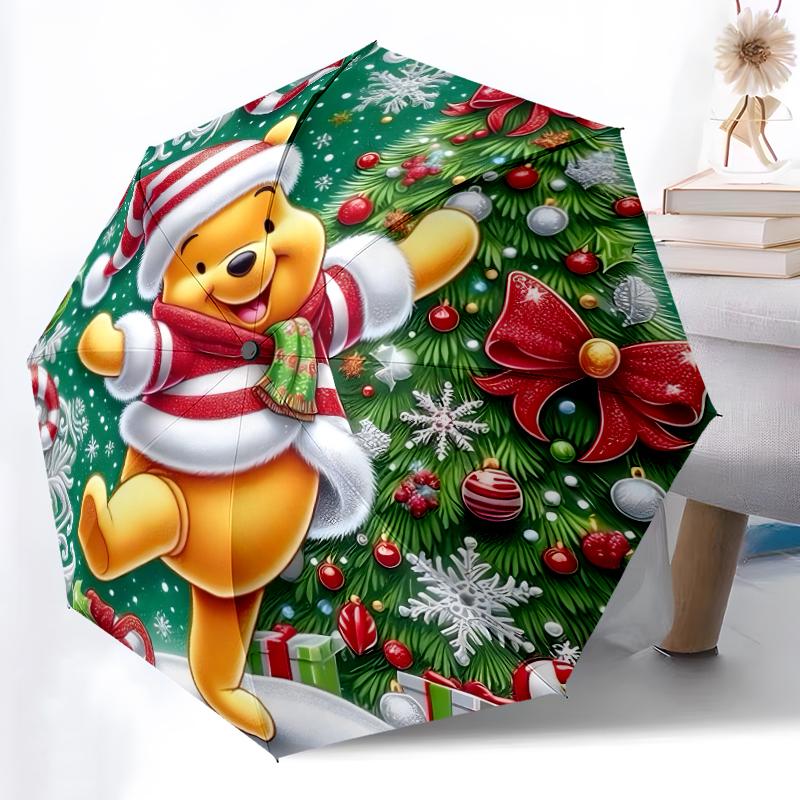 1pc Sturdy 8-Bone Auto Umbrella, Pooh Bear Christmas Wreath Umbrella, Digital Printed, Foldable Umbrella for On-the-Go Outdoor Use