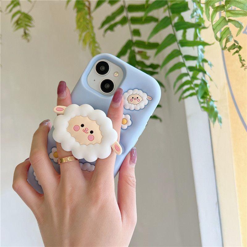 Cartoon Sheep Phone Case For iPhone 15 Pro Max 16 14 13 12 Pro With Wrist bracket Absorbent And Anti Drop soft silicone Cover