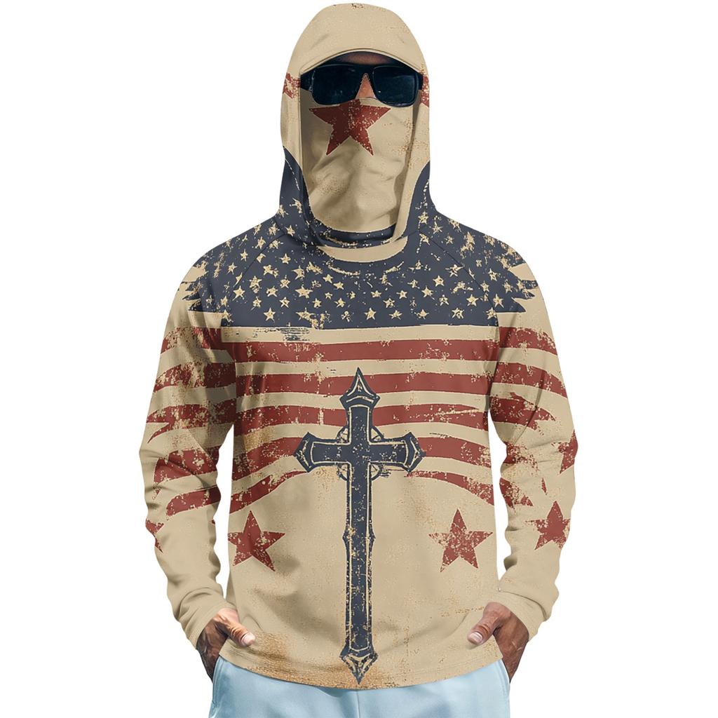 Men’s Long Sleeve Hooded Sun Protection Shirt with Flag and Cross Print Quick Dry Lightweight Athletic Top for Outdoor Sports Fishing Fitness