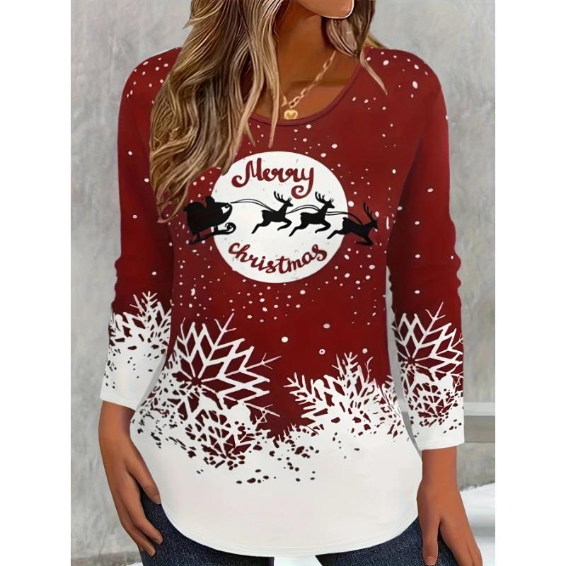 

Весенне-осенний топ с круглым вырезом и 3D-принтом на рождественскую тематику, модная повседневная женская футболка с длинным рукавом XXXL