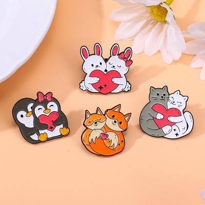 4PCS Cartoon Animal Heart Lovers Enamel Pin Creative Penguin Cat Rabbit Fox Metal Brooch Badge Backpack Clothing Hat Accessories