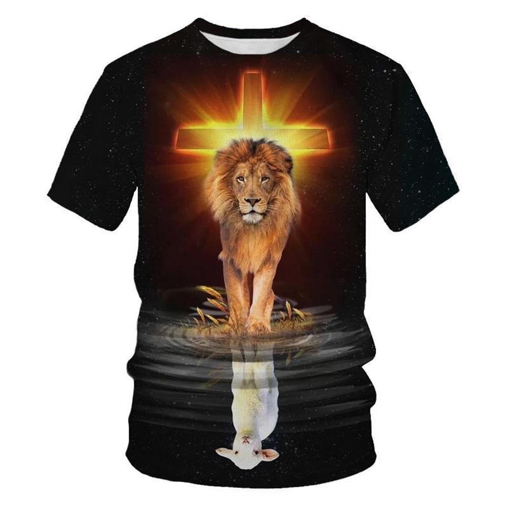 Cross Lion Pattern 3D Printed T-shirt Personalized Christian Art Round Neck Clothing Summer Fashion Creative Design Short Sleeved Tops