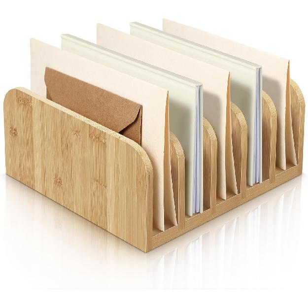 Desk Mail Organizer Bamboo File Holders Countertop Paper Organizer Letter Sorter 5 Compartments Envelope Holders with Anti Slip Mat for Home Office