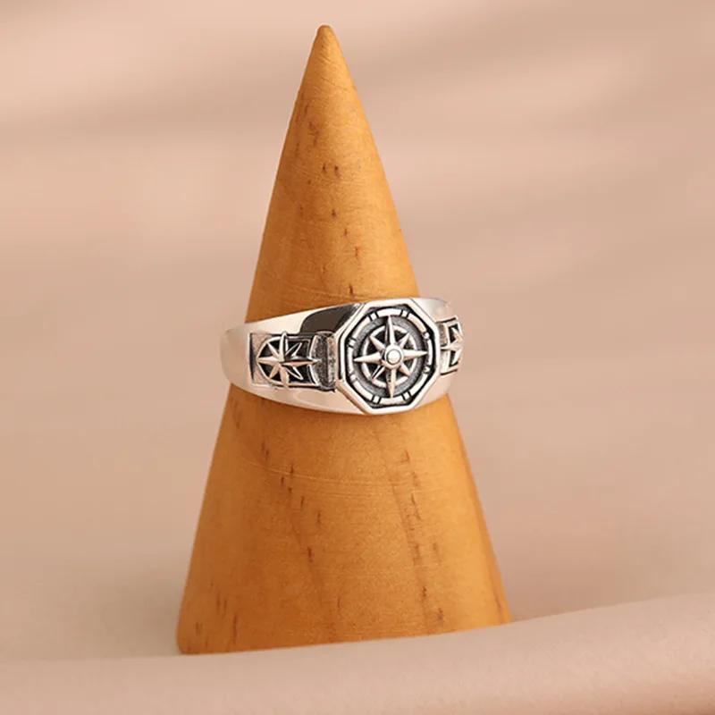 Retro Poseidon Compass Ring Silver-Plated Adjustable Hexagram Opening Jewelry Gift for Men and Women Hip-Hop Trend
