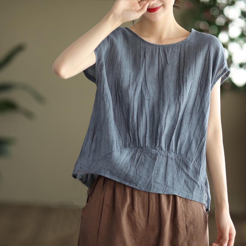 Women's Stylish Summer 2026 Solid Color Tencel Shirt - Loose Fit, Round Neck, Short Sleeves