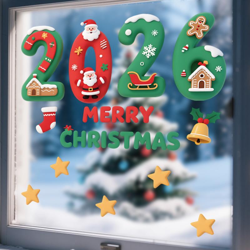 Christmas 2026 Cartoon 3D Digital Glass Sticker Shopping Mall Window Static Removable Window Sticker