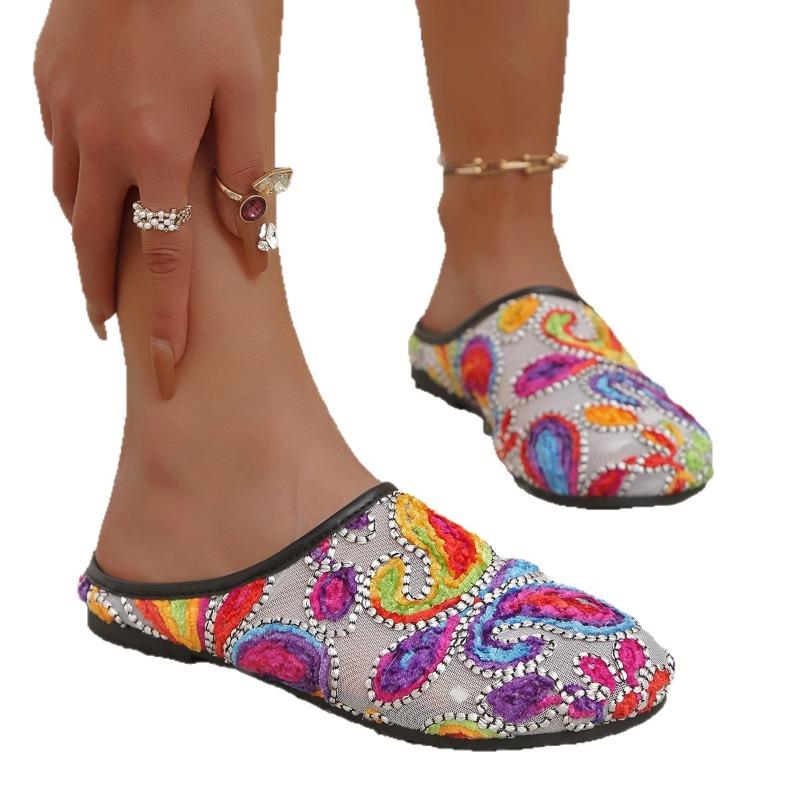 Damen Farbblock Böhmische Römische Flache Zehengeschlossene Pantoletten