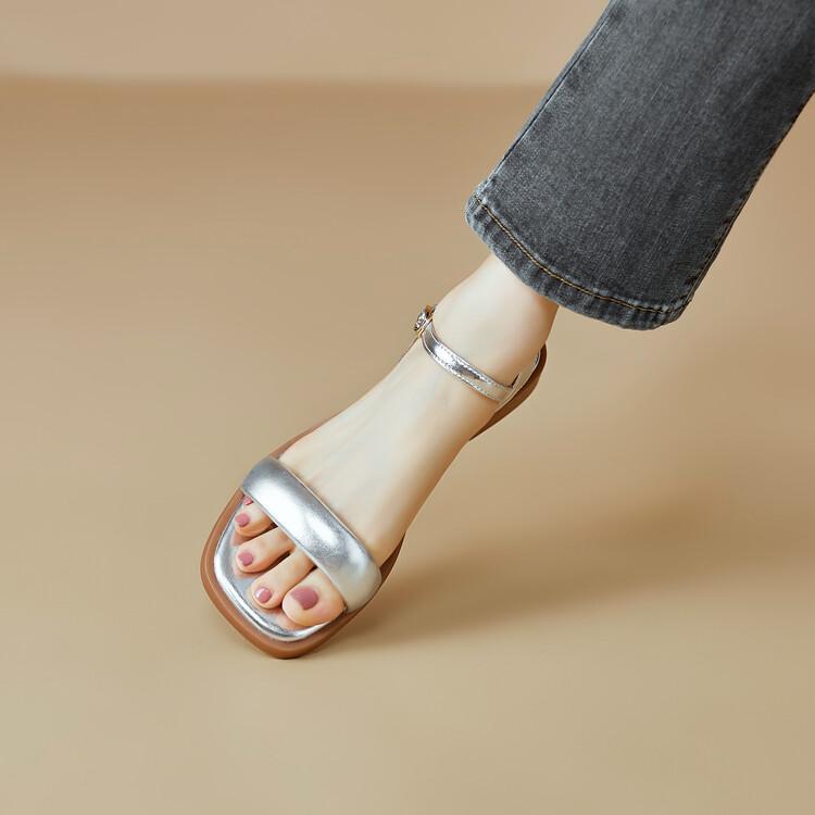

Open-toed square head low-heeled one-word sandals women s spring and summer 2025 new golden versatile thick-heeled non-slip women s sandals 40 серебряный
