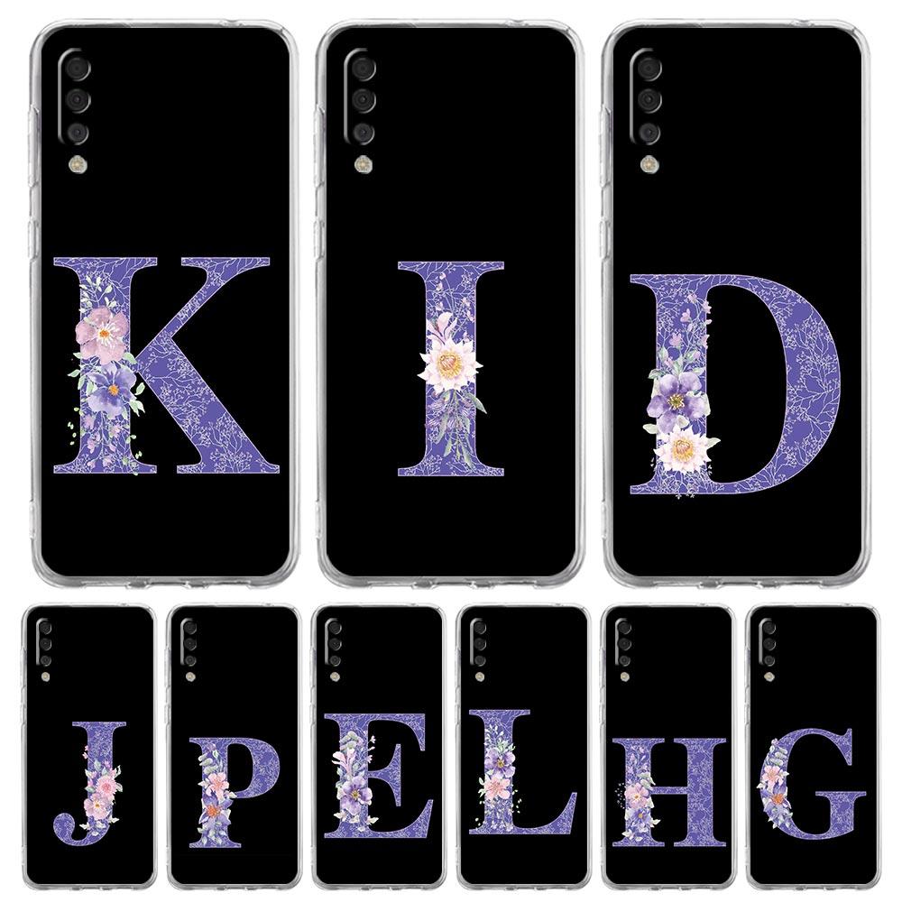 Case For Samsung A56 A36 A26 A16 A14 A12 A22 A32 5G A34 A42 A52 A54 A50 A70 A40 A20E A04S A06 Cover Initial Letter Purple Flower