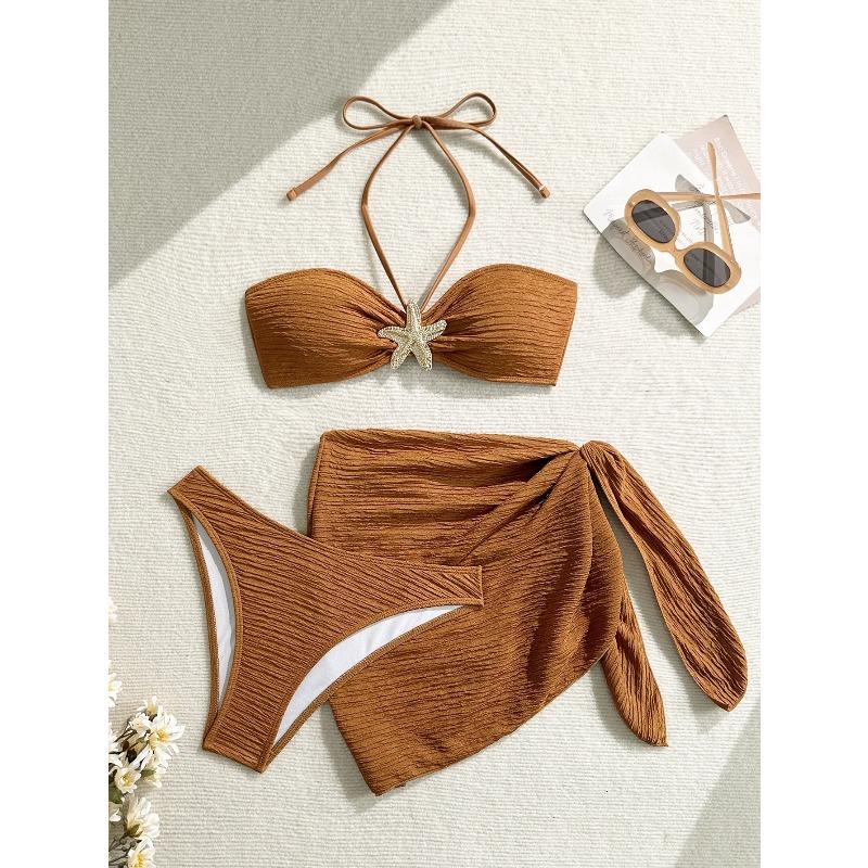 2026 new solid color split swimsuit women's three-piece bikini beach swimsuit set