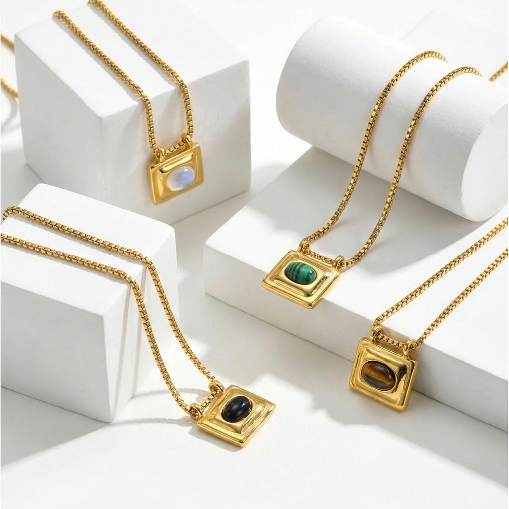 Vnox Trendy Natural Peacock Stone Pendant Necklaces for Women Gold Plated Rectangular Opal Tiger's Eye Stones Necklace Jewelry