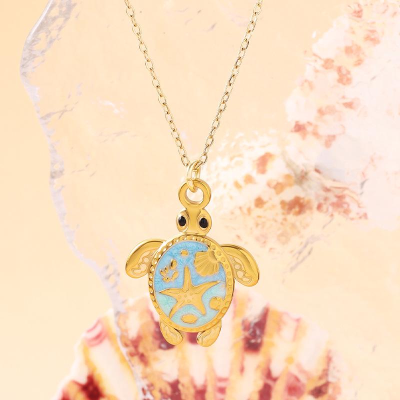 Stainless Steel Bohemian Blue Sea Turtle Oil Drop Pendant Necklace, Hawaiian Marine Life Beach Vacation Clavicle Chain