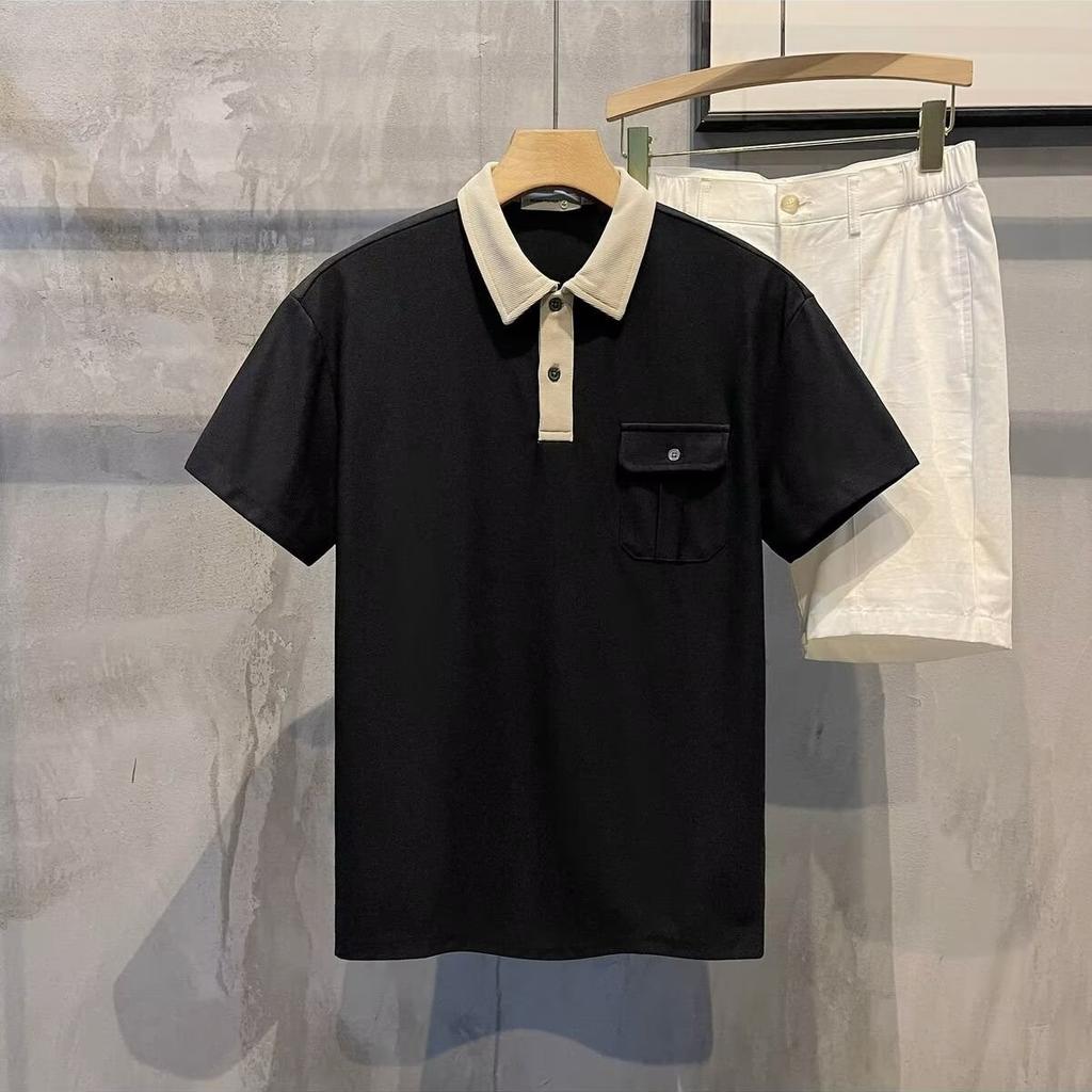 Fashion Contrasting Color Lapel Polo Shirt Short-sleeved Summer Japanese Pocket Loose T-shirt Men