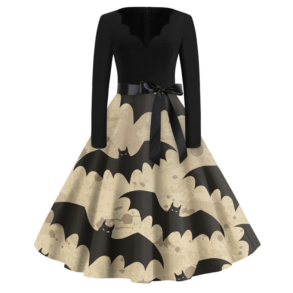 Damenmode V-Ausschnitt Lässig Schlank Halloween Bedruckte Langarmkleider