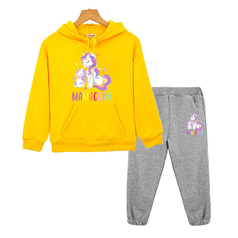 Unicorn Print Boys Girls Hooded Sets Kawaii Anime Hoodie Autumn Sweatshirt Fleece Pullover Cartoon 2PCS Jacket+Pants Kids Boutique Clothes