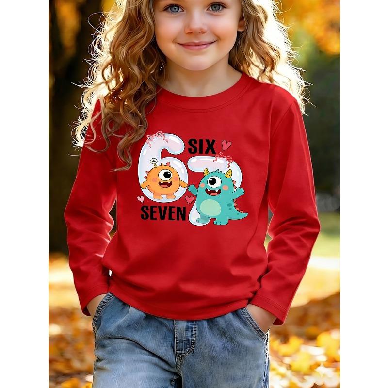 Unisex Kids White Long Sleeve Tee For 4-12 Girls Cute Bubble Number 67 Cartoon Orange Green Little Monster Pink Bow Heart Text Print Long Sleeve Top