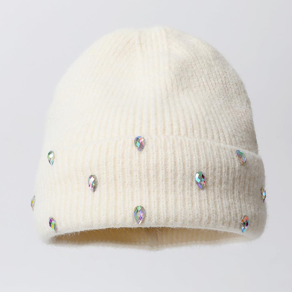 Knitted Hat Solid Color Versatile Thermal Elastic Pullover Hat Rhinestone Cold-Proof Hat