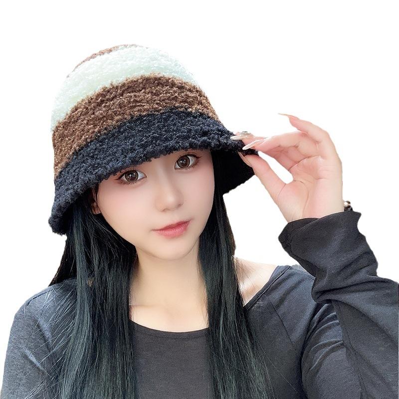 Striped Color blocking Knitted Fisherman Hat Women's Autumn and Winter Korean Version Ins Warm Wool Bucket Hat Showing Face Small Plush Basin Hat