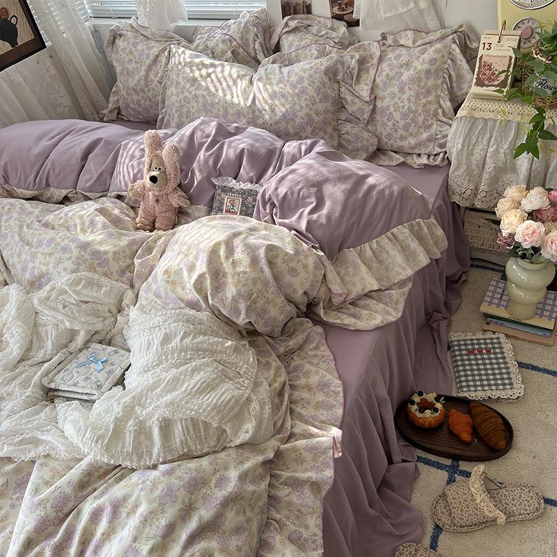 Floral Bedding Set Four-piece Romantic Skin-friendly Breathable Comfortable Washed Sheets Quilt Cover Pillowcase