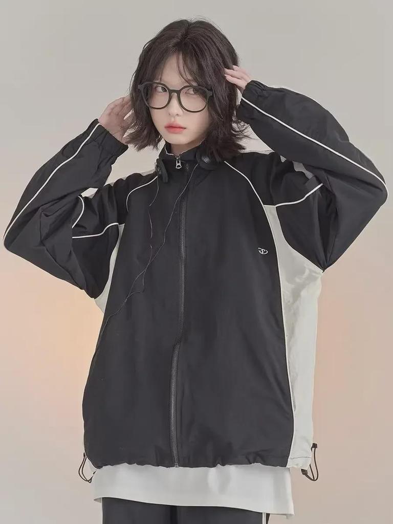 Women's Contrast Color Stand Collar Windbreaker Jacket - Spring/Autumn 2023